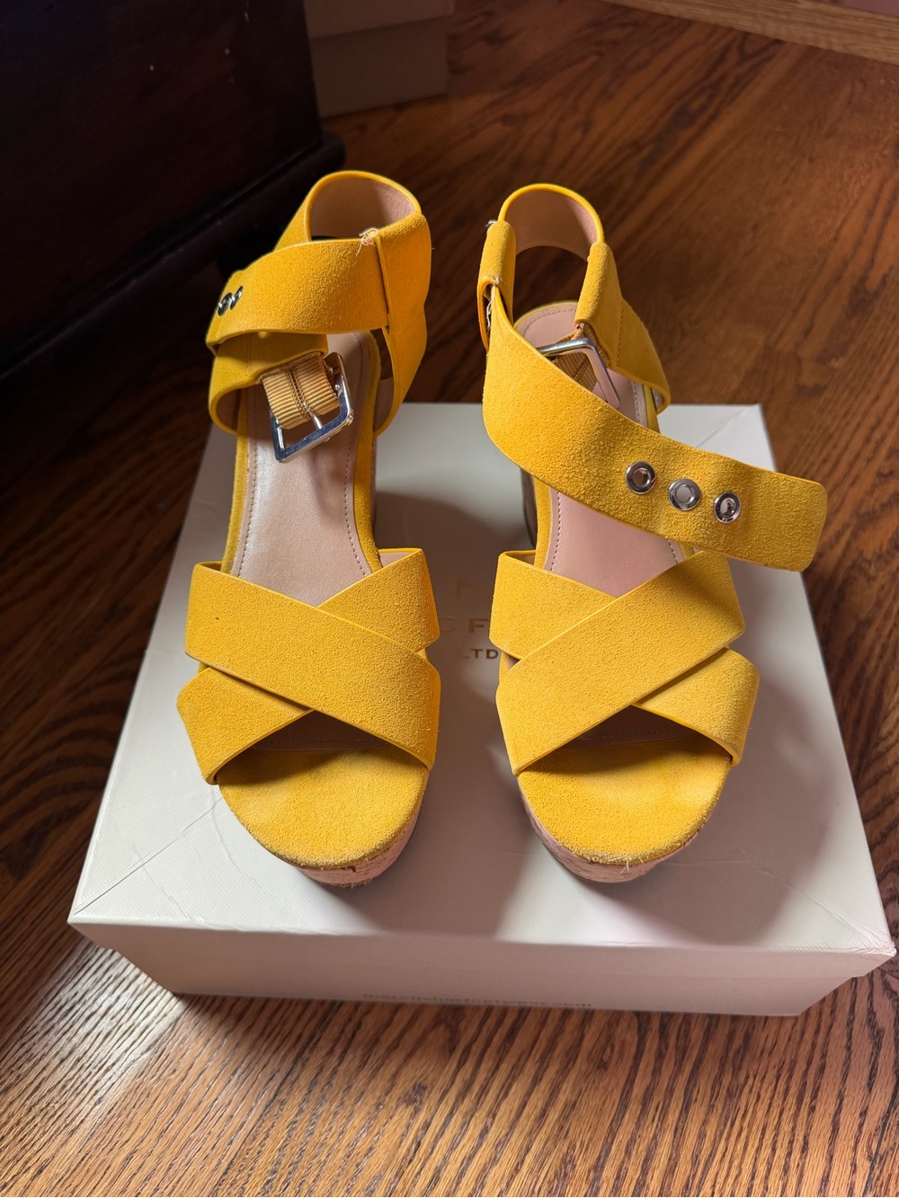 Marc Fisher Yellow Suede Crisscross Wedge Sandals